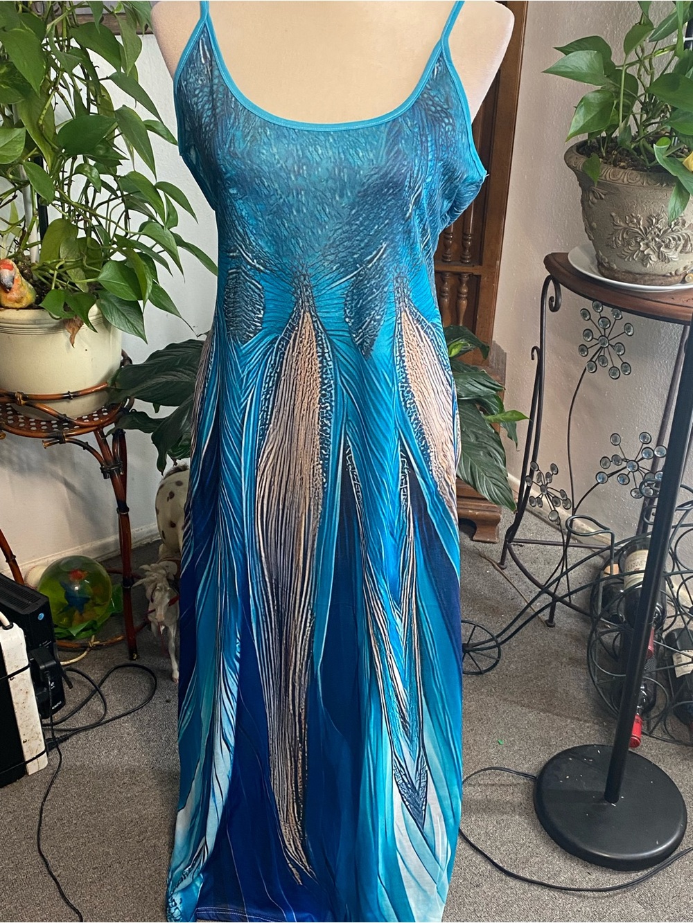 Source Unknown Teal, Navy and Beige Peacock-Print Maxi Dress